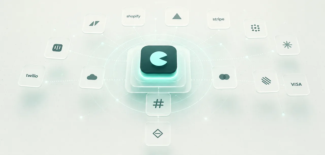 The AiTraid mark at the centre of a ring of connected tools — Shopify, Stripe, Twilio, Slack, Visa, Mastercard and others.